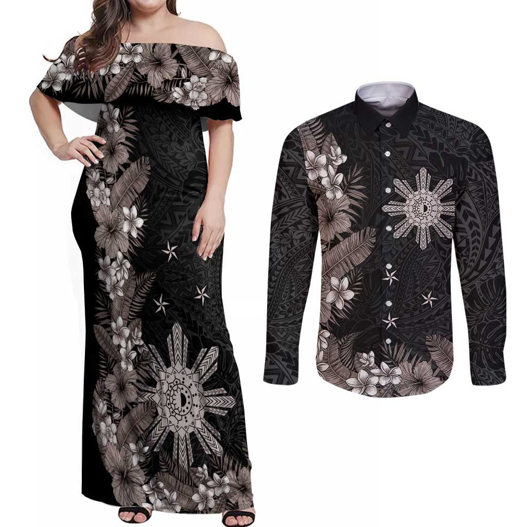 Tropical Hawaii and Philippines Couples Matching Off Shoulder Maxi Dress and Long Sleeve Button Shirt Kanaka Maoli and Sun Badge Batok Tattoo Grayscale