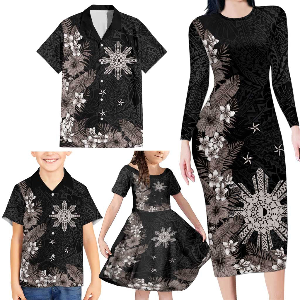 Tropical Hawaii and Philippines Family Matching Long Sleeve Bodycon Dress and Hawaiian Shirt Kanaka Maoli and Sun Badge Batok Tattoo Grayscale