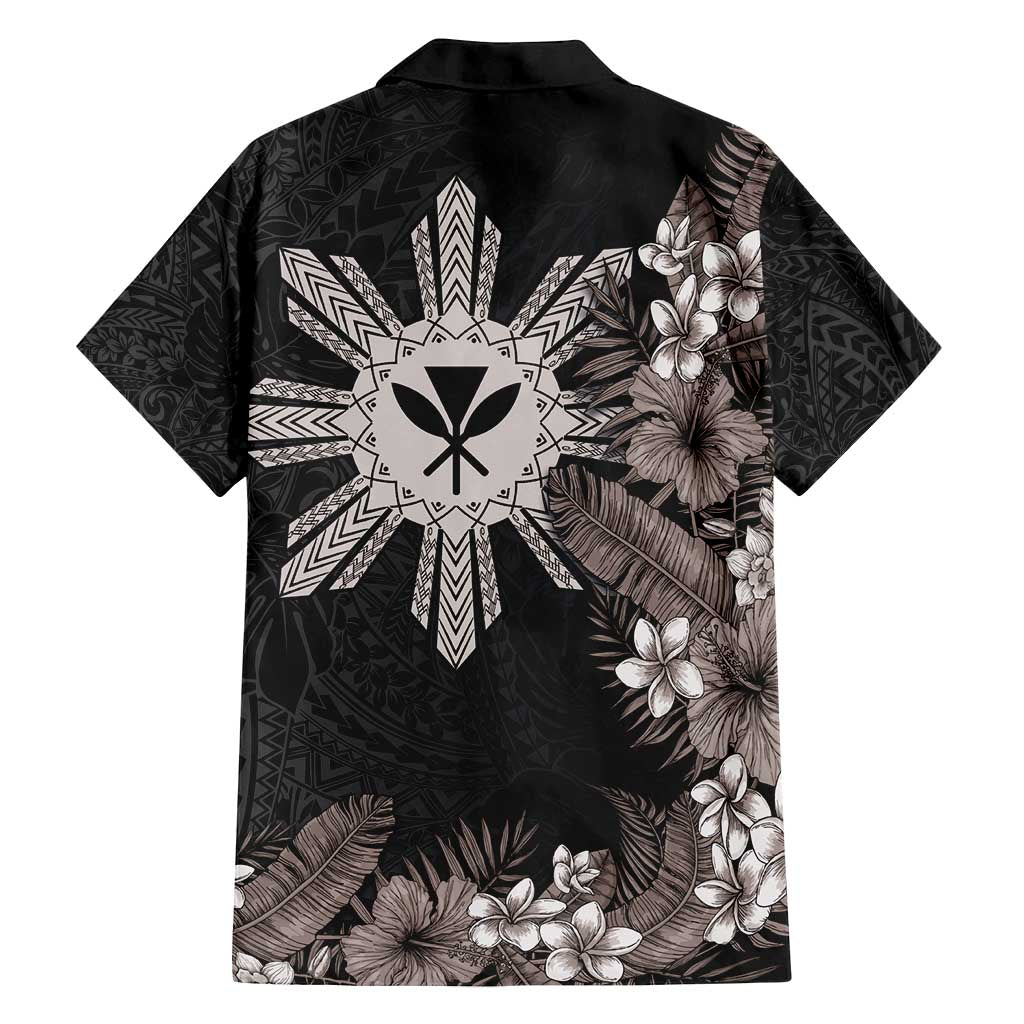 Tropical Hawaii and Philippines Family Matching Long Sleeve Bodycon Dress and Hawaiian Shirt Kanaka Maoli and Sun Badge Batok Tattoo Grayscale