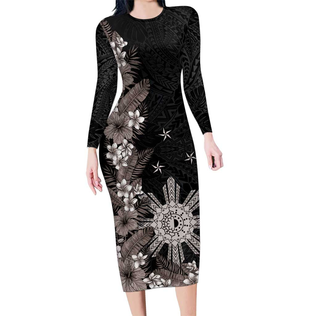 Tropical Hawaii and Philippines Family Matching Long Sleeve Bodycon Dress and Hawaiian Shirt Kanaka Maoli and Sun Badge Batok Tattoo Grayscale