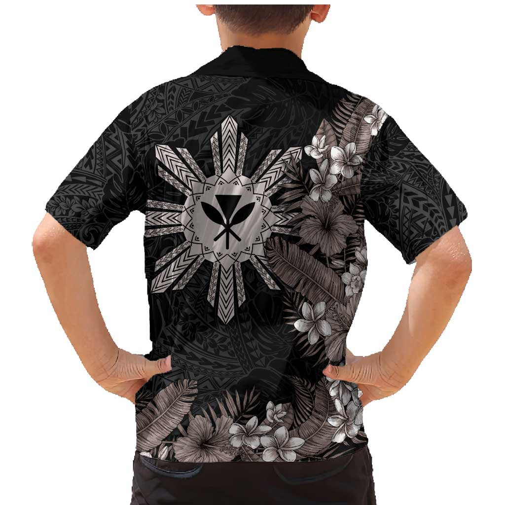 Tropical Hawaii and Philippines Family Matching Mermaid Dress and Hawaiian Shirt Kanaka Maoli and Sun Badge Batok Tattoo Grayscale