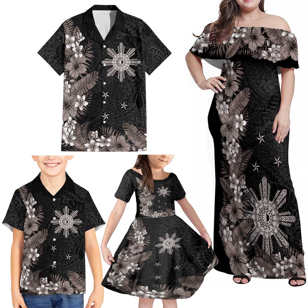 Tropical Hawaii and Philippines Family Matching Off Shoulder Maxi Dress and Hawaiian Shirt Kanaka Maoli and Sun Badge Batok Tattoo Grayscale