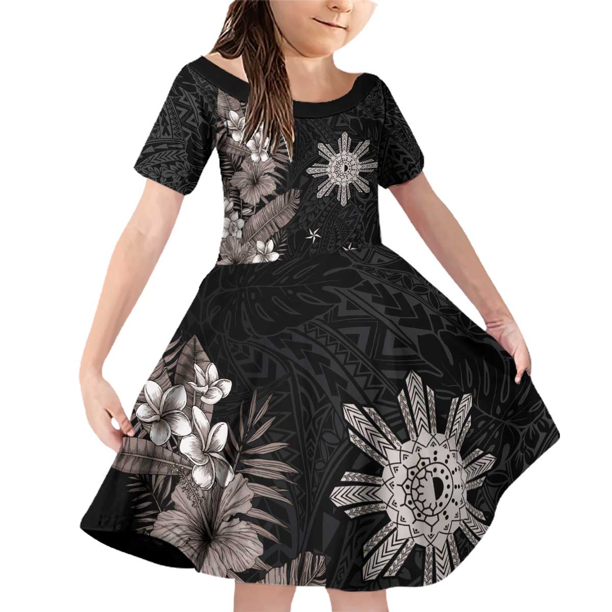 Tropical Hawaii and Philippines Family Matching Off Shoulder Short Dress and Hawaiian Shirt Kanaka Maoli and Sun Badge Batok Tattoo Grayscale