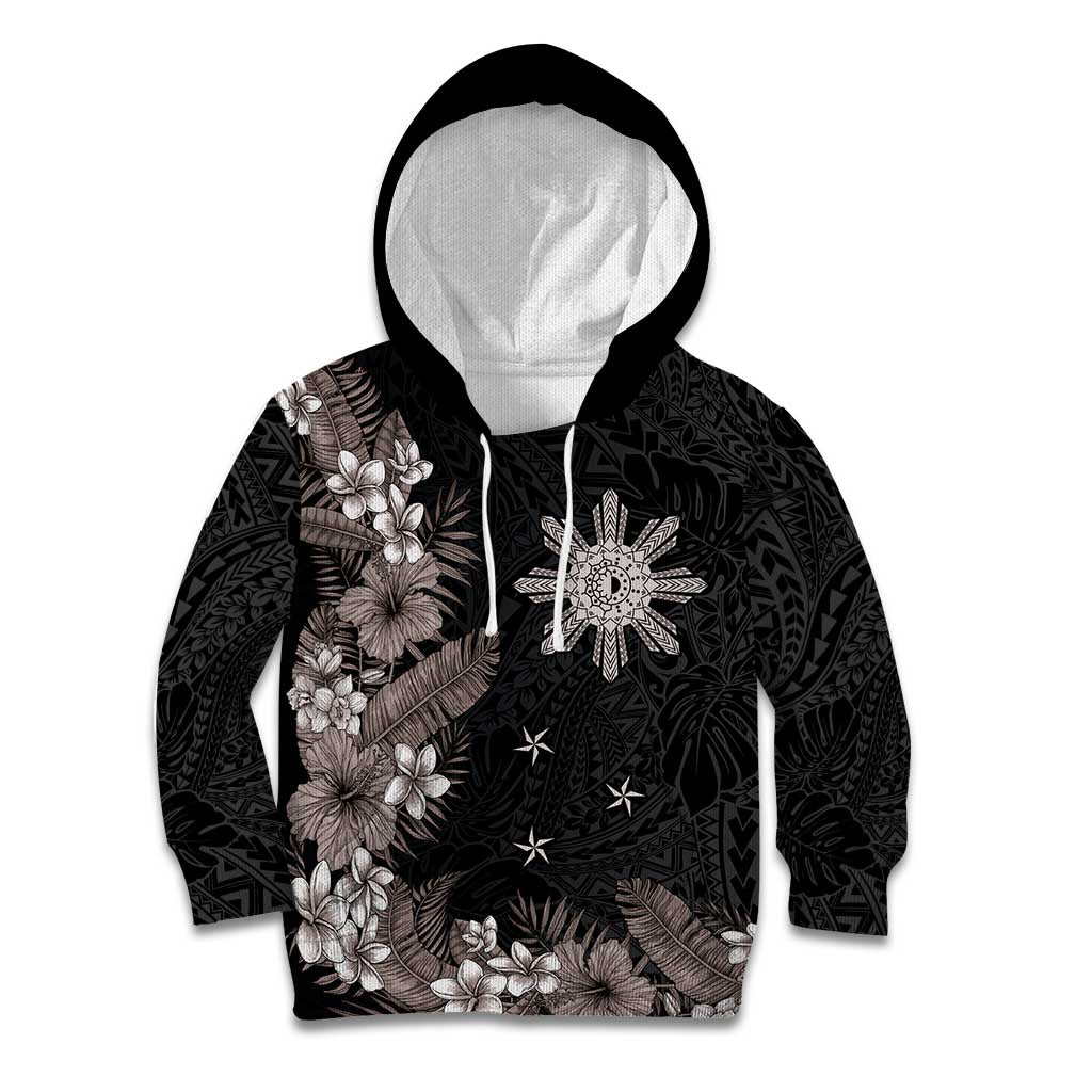 Tropical Hawaii and Philippines Kid Hoodie Kanaka Maoli and Sun Badge Batok Tattoo Grayscale