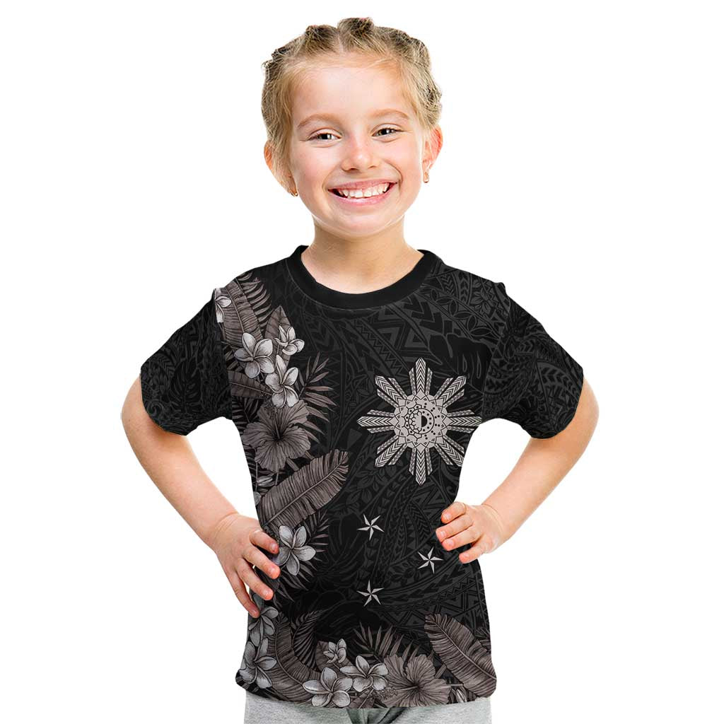 Tropical Hawaii and Philippines Kid T Shirt Kanaka Maoli and Sun Badge Batok Tattoo Grayscale