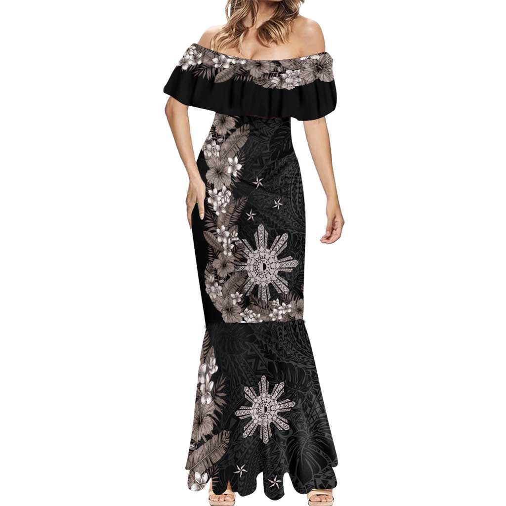 Tropical Hawaii and Philippines Mermaid Dress Kanaka Maoli and Sun Badge Batok Tattoo Grayscale