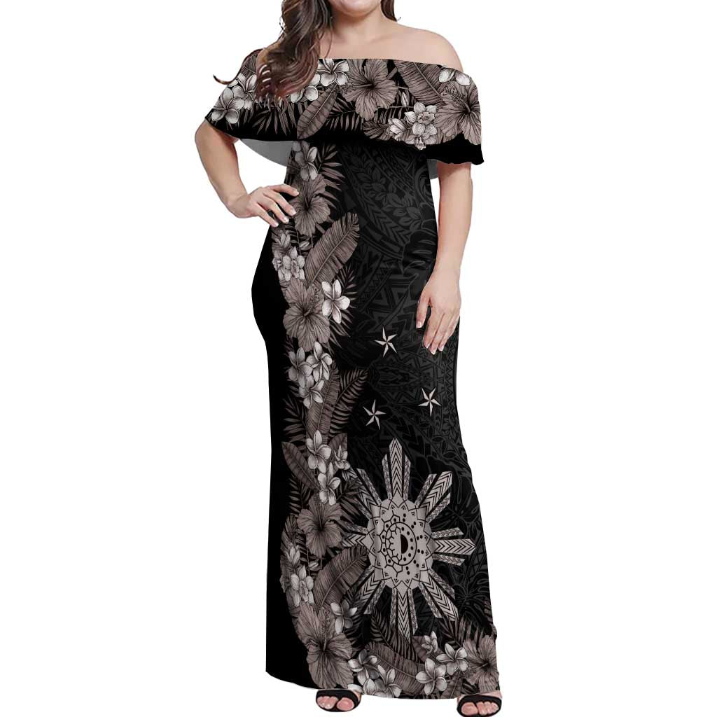 Tropical Hawaii and Philippines Off Shoulder Maxi Dress Kanaka Maoli and Sun Badge Batok Tattoo Grayscale