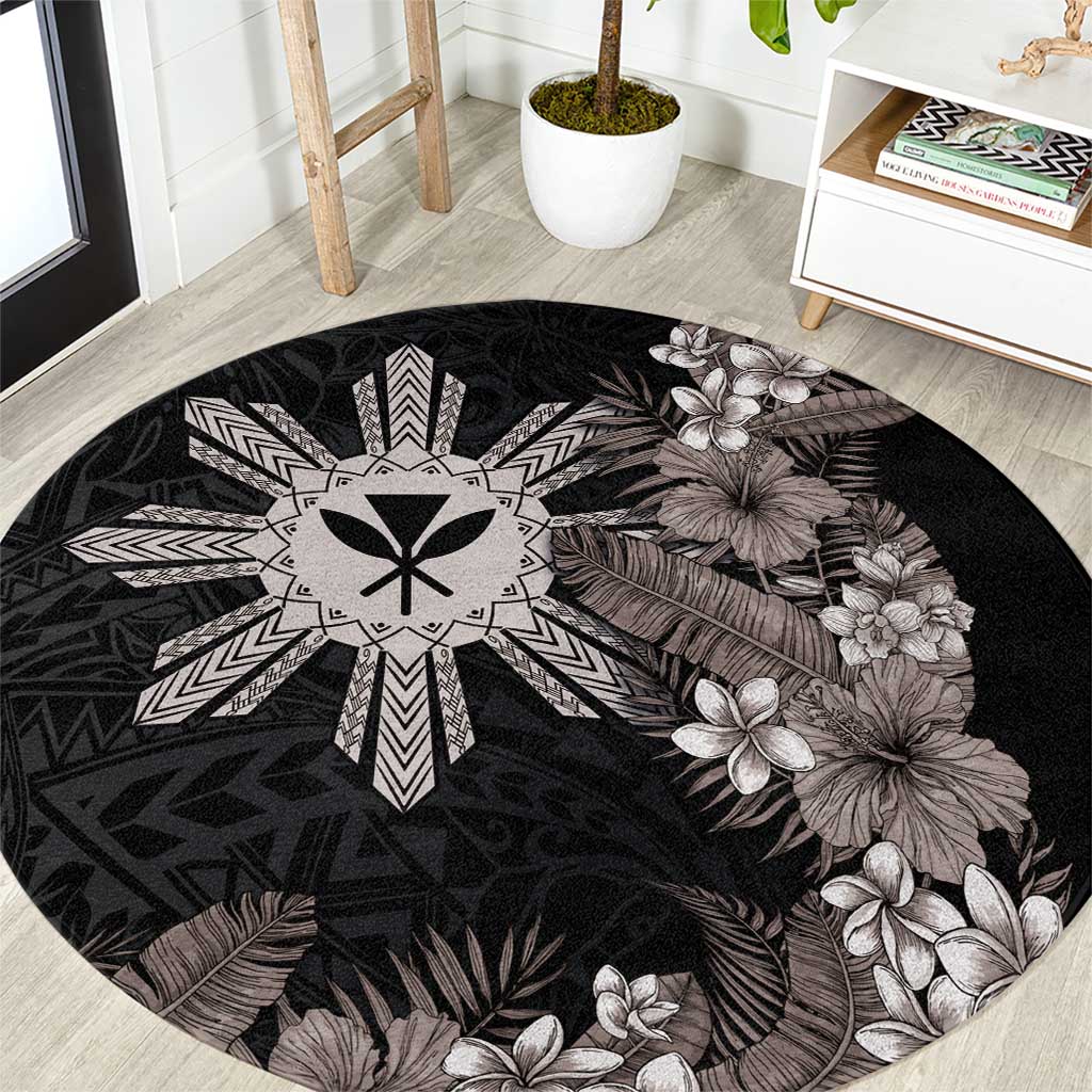 Tropical Hawaii and Philippines Round Carpet Kanaka Maoli and Sun Badge Batok Tattoo Grayscale