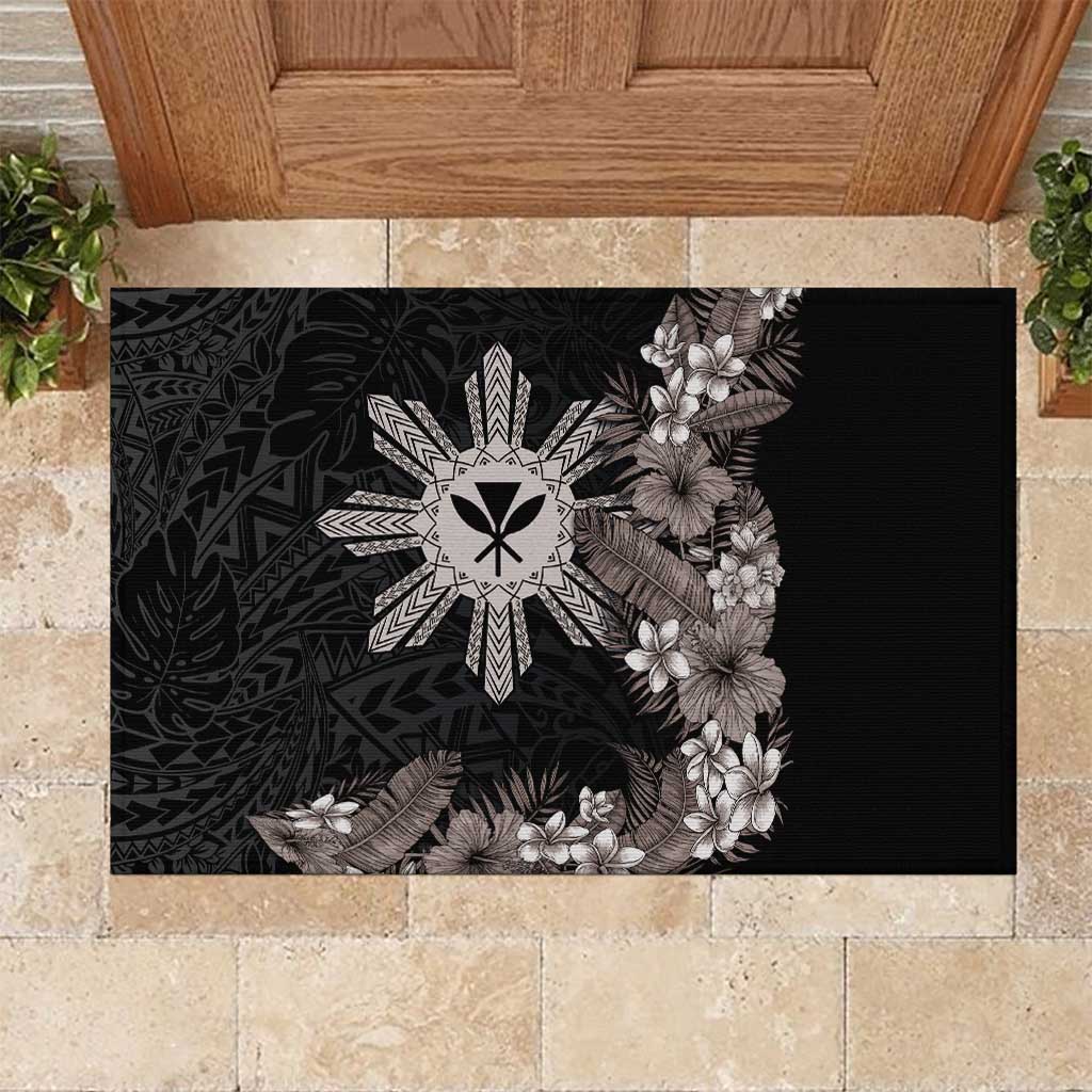 Tropical Hawaii and Philippines Rubber Doormat Kanaka Maoli and Sun Badge Batok Tattoo Grayscale