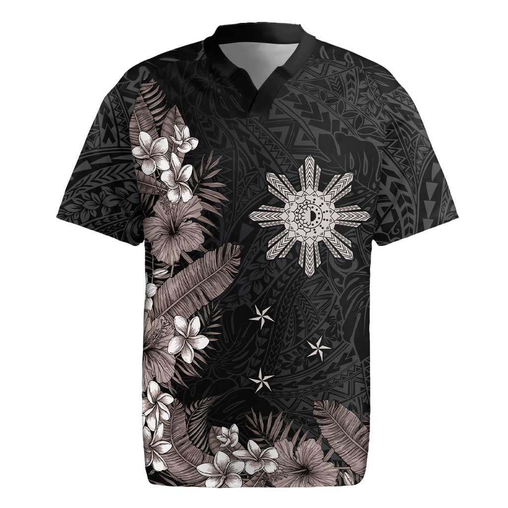 Tropical Hawaii and Philippines Rugby Jersey Kanaka Maoli and Sun Badge Batok Tattoo Grayscale