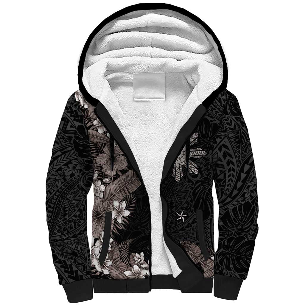 Tropical Hawaii and Philippines Sherpa Hoodie Kanaka Maoli and Sun Badge Batok Tattoo Grayscale