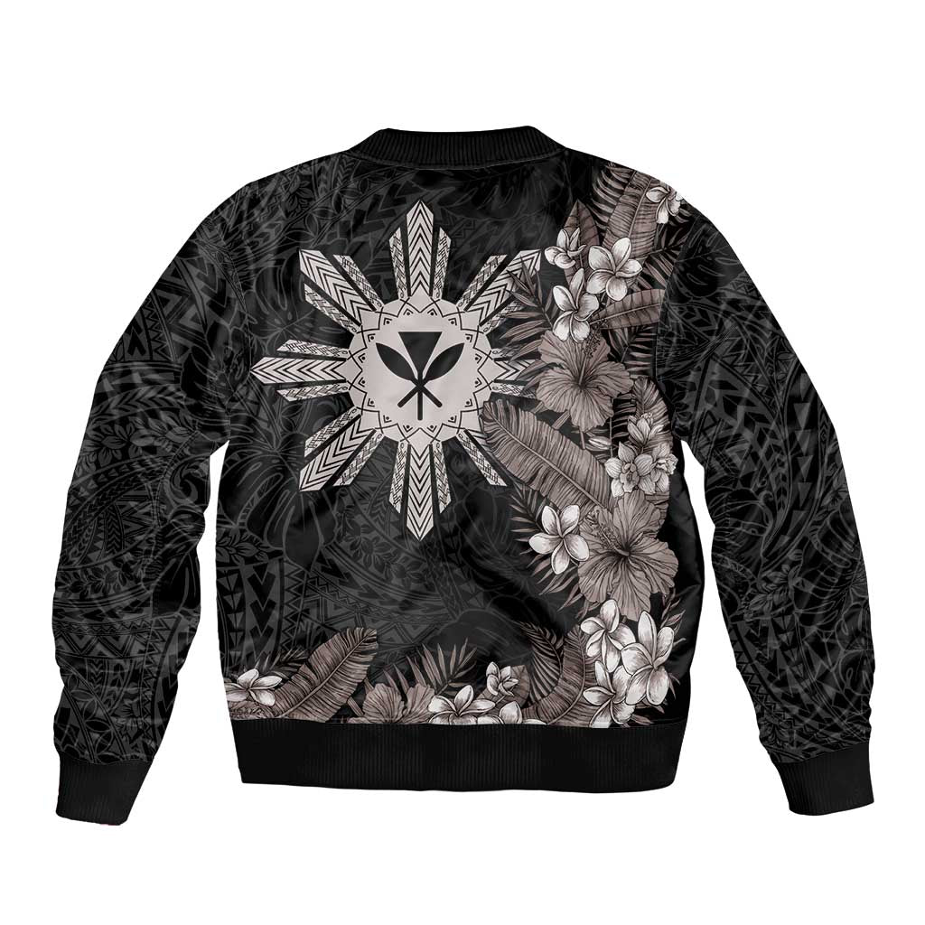 Tropical Hawaii and Philippines Sleeve Zip Bomber Jacket Kanaka Maoli and Sun Badge Batok Tattoo Grayscale