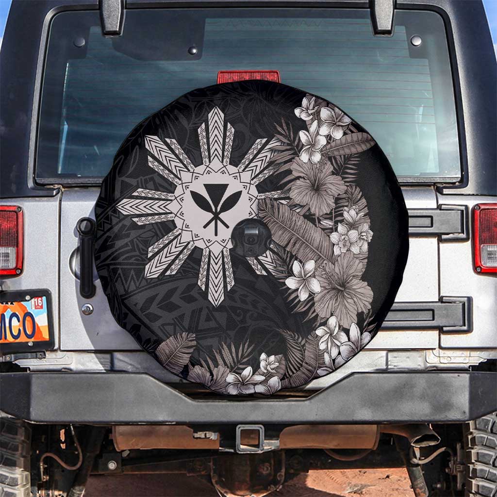 Tropical Hawaii and Philippines Spare Tire Cover Kanaka Maoli and Sun Badge Batok Tattoo Grayscale