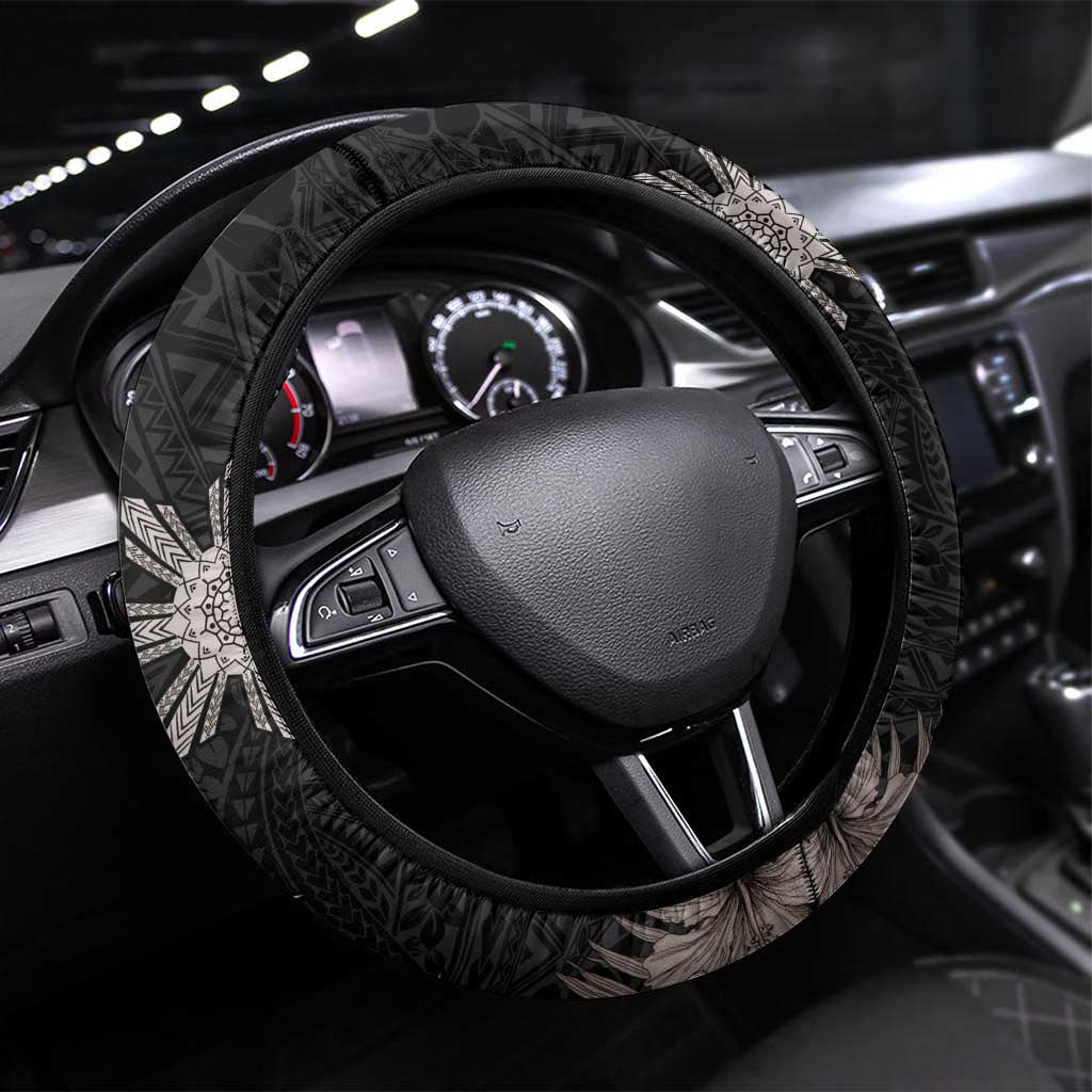 Tropical Hawaii and Philippines Steering Wheel Cover Kanaka Maoli and Sun Badge Batok Tattoo Grayscale