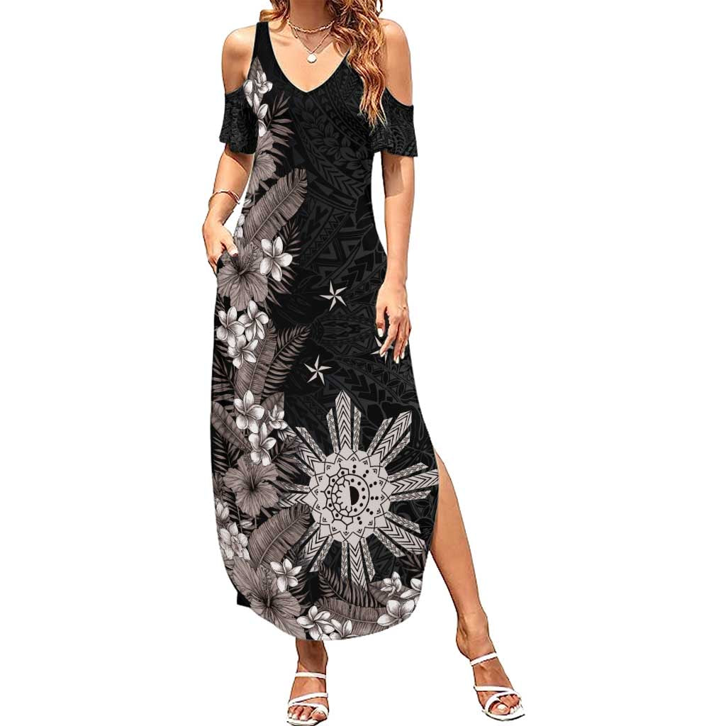 Tropical Hawaii and Philippines Summer Maxi Dress Kanaka Maoli and Sun Badge Batok Tattoo Grayscale