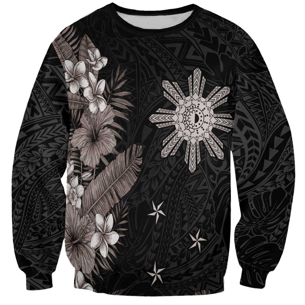 Tropical Hawaii and Philippines Sweatshirt Kanaka Maoli and Sun Badge Batok Tattoo Grayscale