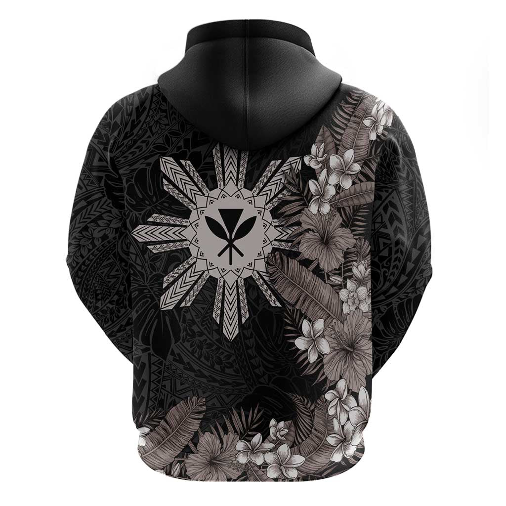 Tropical Hawaii and Philippines Zip Hoodie Kanaka Maoli and Sun Badge Batok Tattoo Grayscale