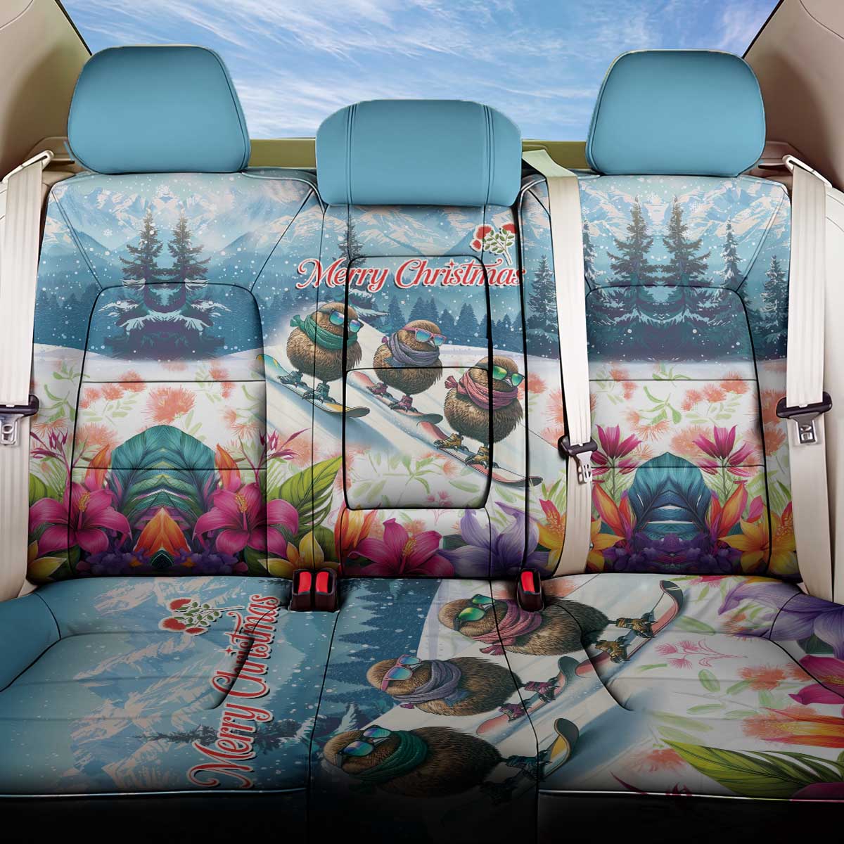 New Zealand Merry Christmas Back Car Seat Cover Kiwi Birds Snow Boarding-Vibrant Tropical Flower - Polynesian Pride