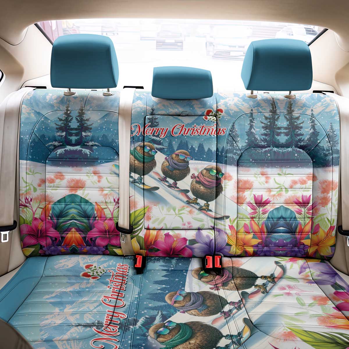 New Zealand Merry Christmas Back Car Seat Cover Kiwi Birds Snow Boarding-Vibrant Tropical Flower - Polynesian Pride
