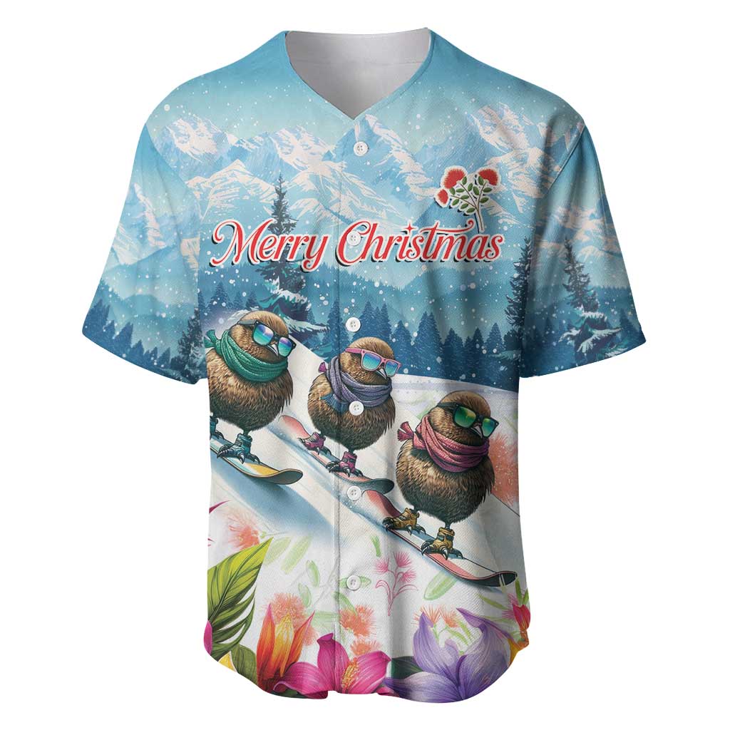 New Zealand Merry Christmas Baseball Jersey Kiwi Birds Snow Boarding-Vibrant Tropical Flower - Polynesian Pride