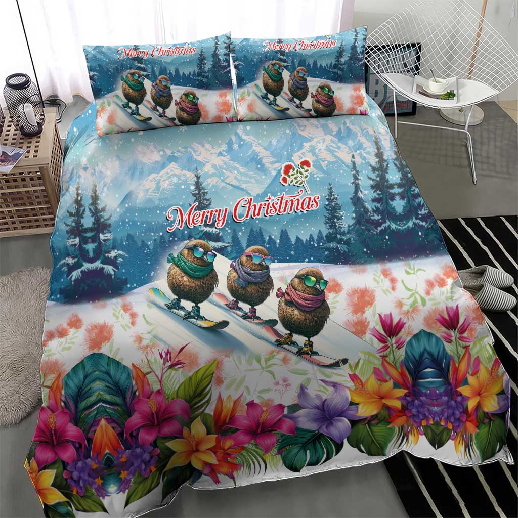 New Zealand Merry Christmas Bedding Set Kiwi Birds Snow Boarding-Vibrant Tropical Flower - Polynesian Pride
