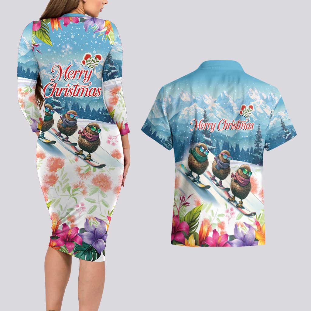 New Zealand Merry Christmas Couples Matching Long Sleeve Bodycon Dress and Hawaiian Shirt Kiwi Birds Snow Boarding-Vibrant Tropical Flower - Polynesian Pride