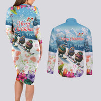 New Zealand Merry Christmas Couples Matching Long Sleeve Bodycon Dress and Long Sleeve Button Shirt Kiwi Birds Snow Boarding-Vibrant Tropical Flower - Polynesian Pride