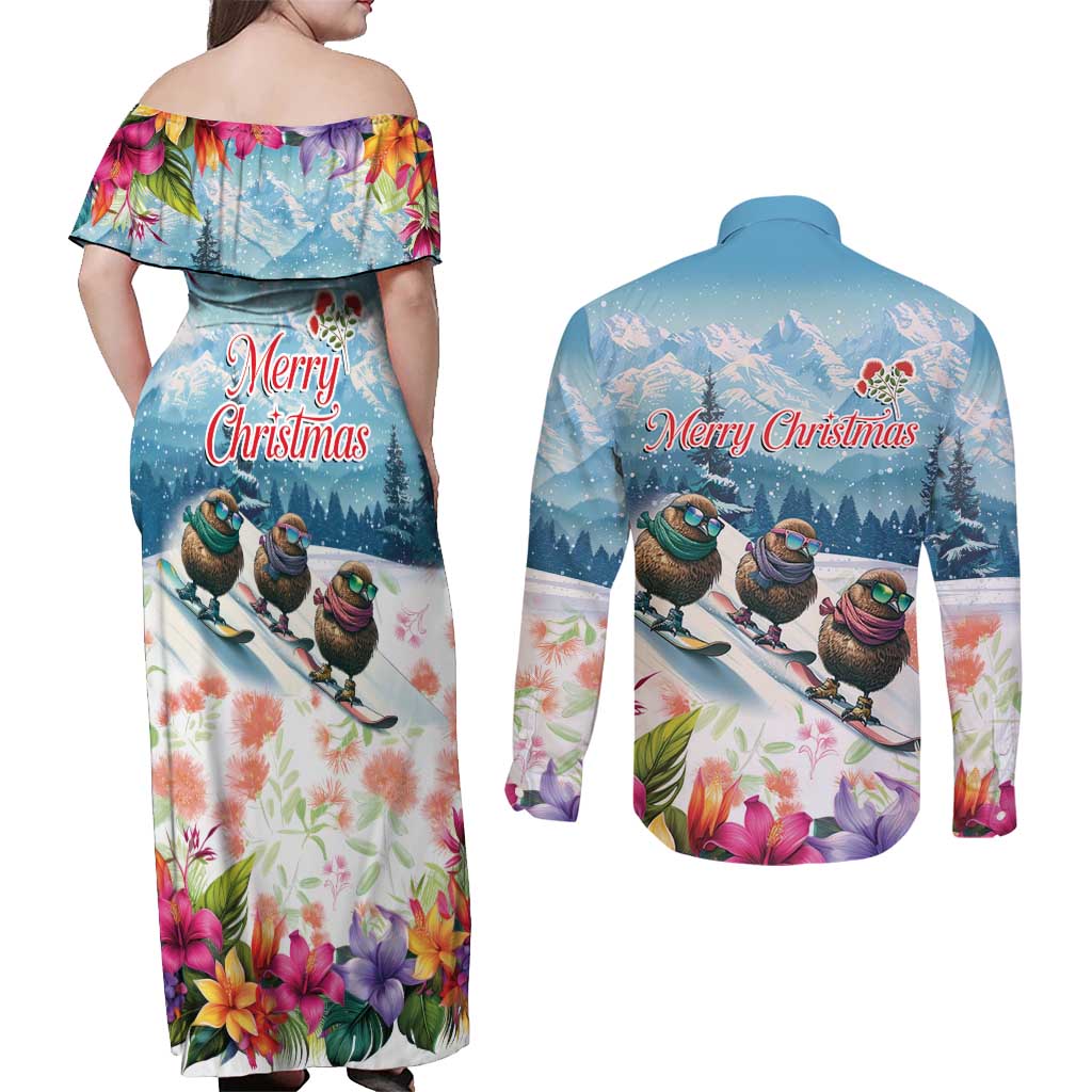 New Zealand Merry Christmas Couples Matching Off Shoulder Maxi Dress and Long Sleeve Button Shirt Kiwi Birds Snow Boarding-Vibrant Tropical Flower - Polynesian Pride