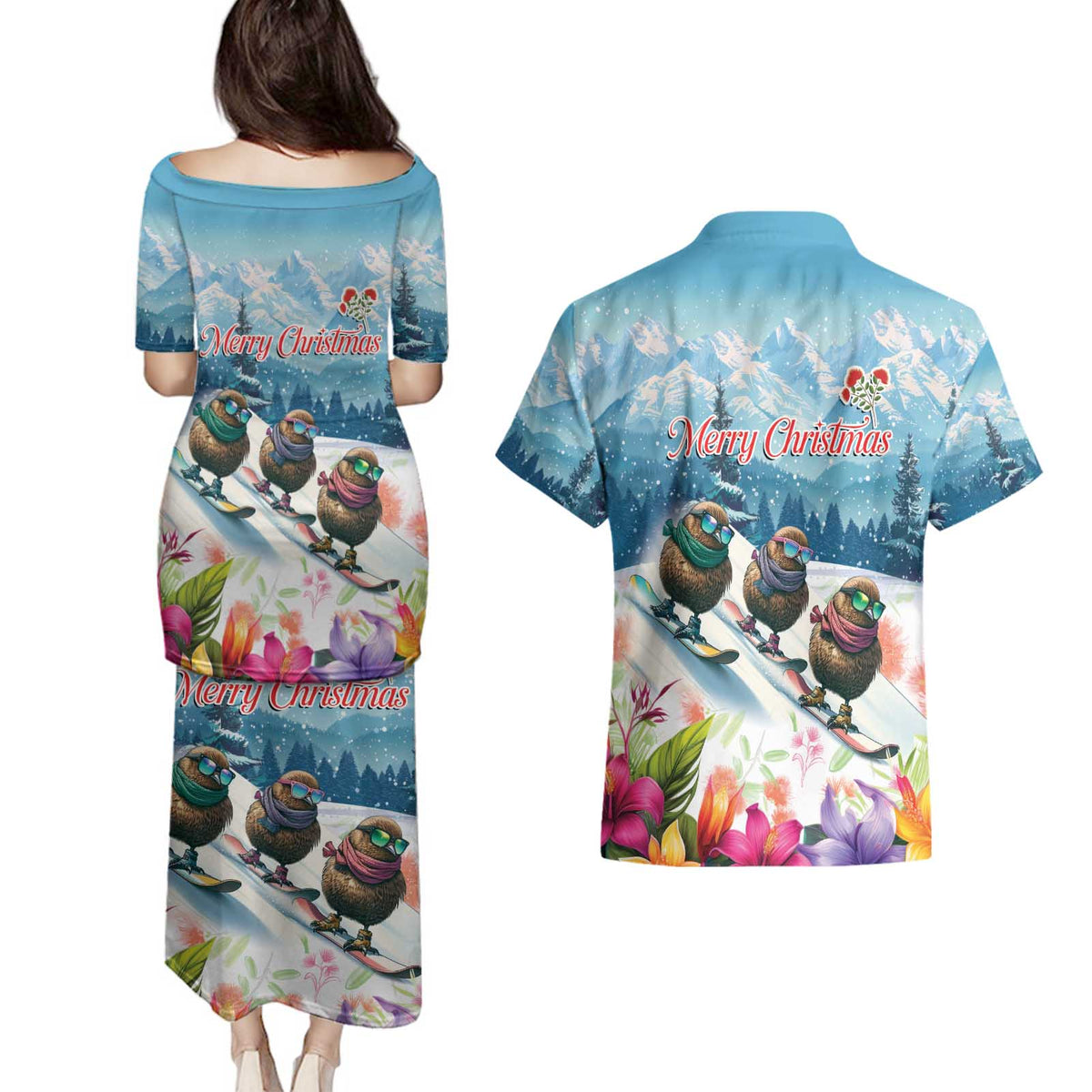 New Zealand Merry Christmas Couples Matching Puletasi and Hawaiian Shirt Kiwi Birds Snow Boarding-Vibrant Tropical Flower - Polynesian Pride