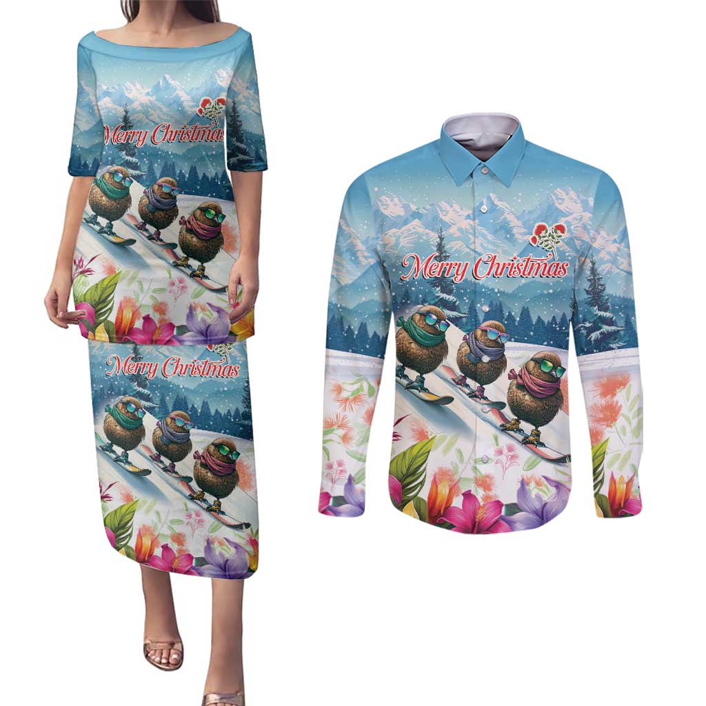 New Zealand Merry Christmas Couples Matching Puletasi and Long Sleeve Button Shirt Kiwi Birds Snow Boarding-Vibrant Tropical Flower - Polynesian Pride