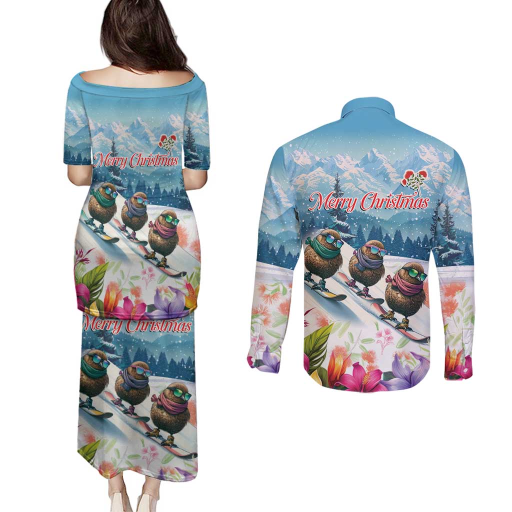 New Zealand Merry Christmas Couples Matching Puletasi and Long Sleeve Button Shirt Kiwi Birds Snow Boarding-Vibrant Tropical Flower - Polynesian Pride