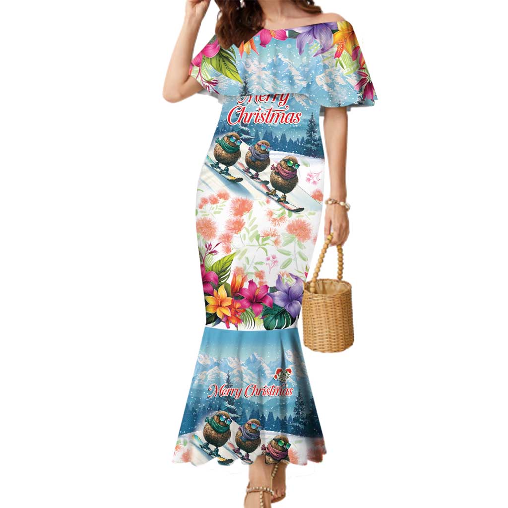 New Zealand Merry Christmas Family Matching Mermaid Dress and Hawaiian Shirt Kiwi Birds Snow Boarding-Vibrant Tropical Flower - Polynesian Pride