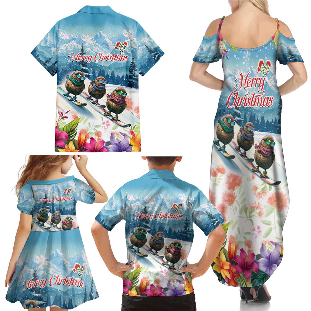 New Zealand Merry Christmas Family Matching Summer Maxi Dress and Hawaiian Shirt Kiwi Birds Snow Boarding-Vibrant Tropical Flower - Polynesian Pride