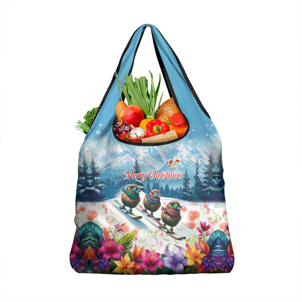 New Zealand Merry Christmas Grocery Bag Kiwi Birds Snow Boarding-Vibrant Tropical Flower - Polynesian Pride