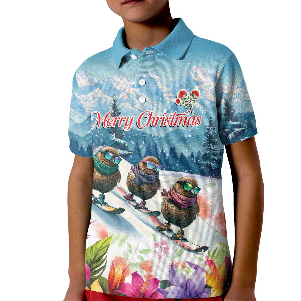 New Zealand Merry Christmas Kid Polo Shirt Kiwi Birds Snow Boarding-Vibrant Tropical Flower - Polynesian Pride