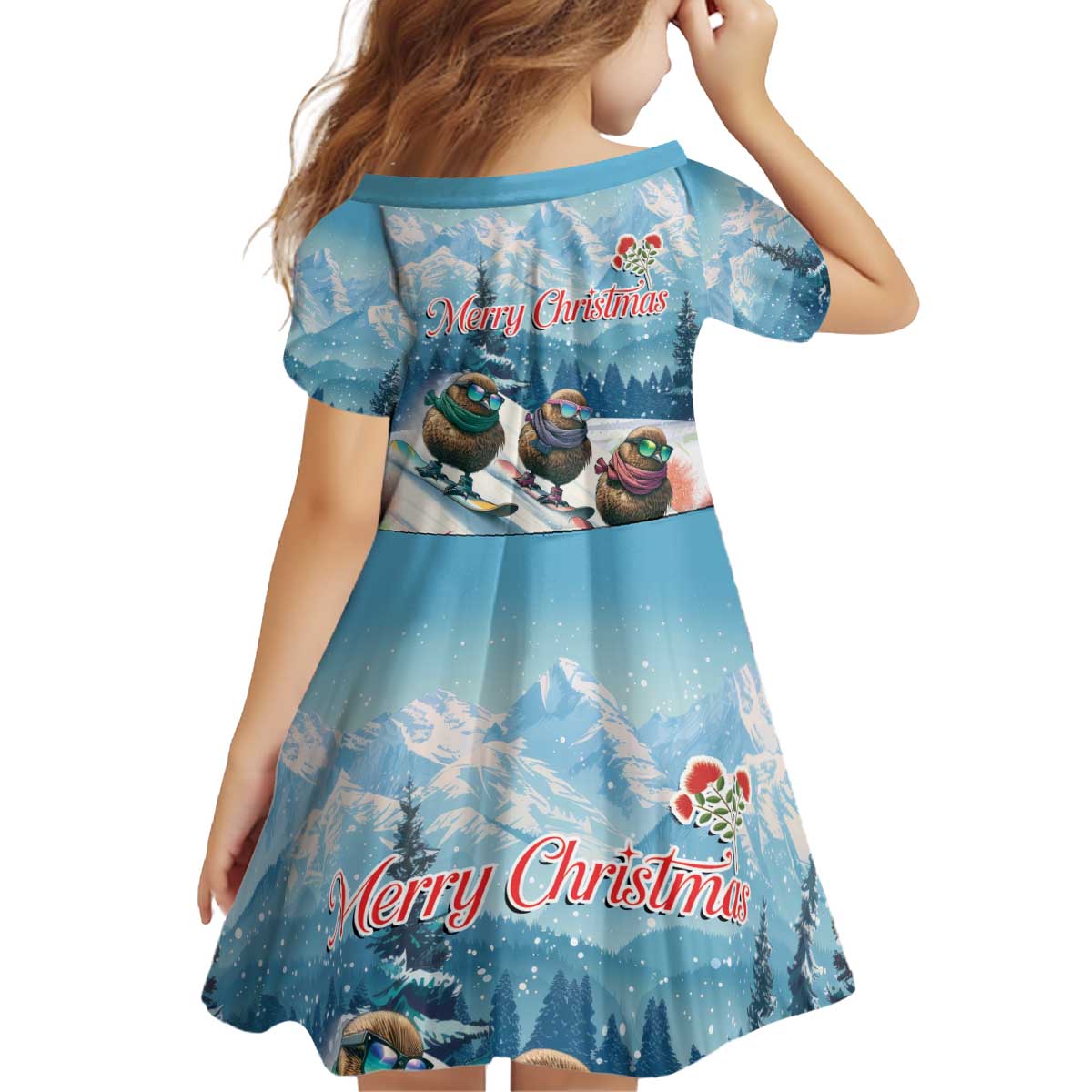 New Zealand Merry Christmas Kid Short Sleeve Dress Kiwi Birds Snow Boarding-Vibrant Tropical Flower - Polynesian Pride