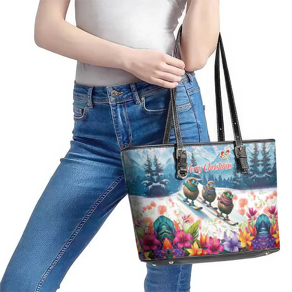 New Zealand Merry Christmas Leather Tote Bag Kiwi Birds Snow Boarding-Vibrant Tropical Flower - Polynesian Pride