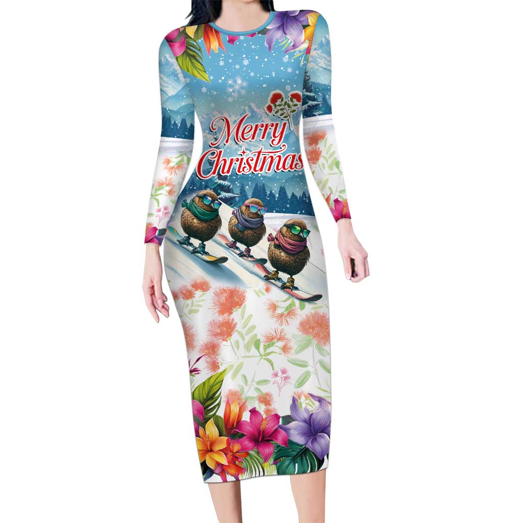 New Zealand Merry Christmas Long Sleeve Bodycon Dress Kiwi Birds Snow Boarding-Vibrant Tropical Flower - Polynesian Pride