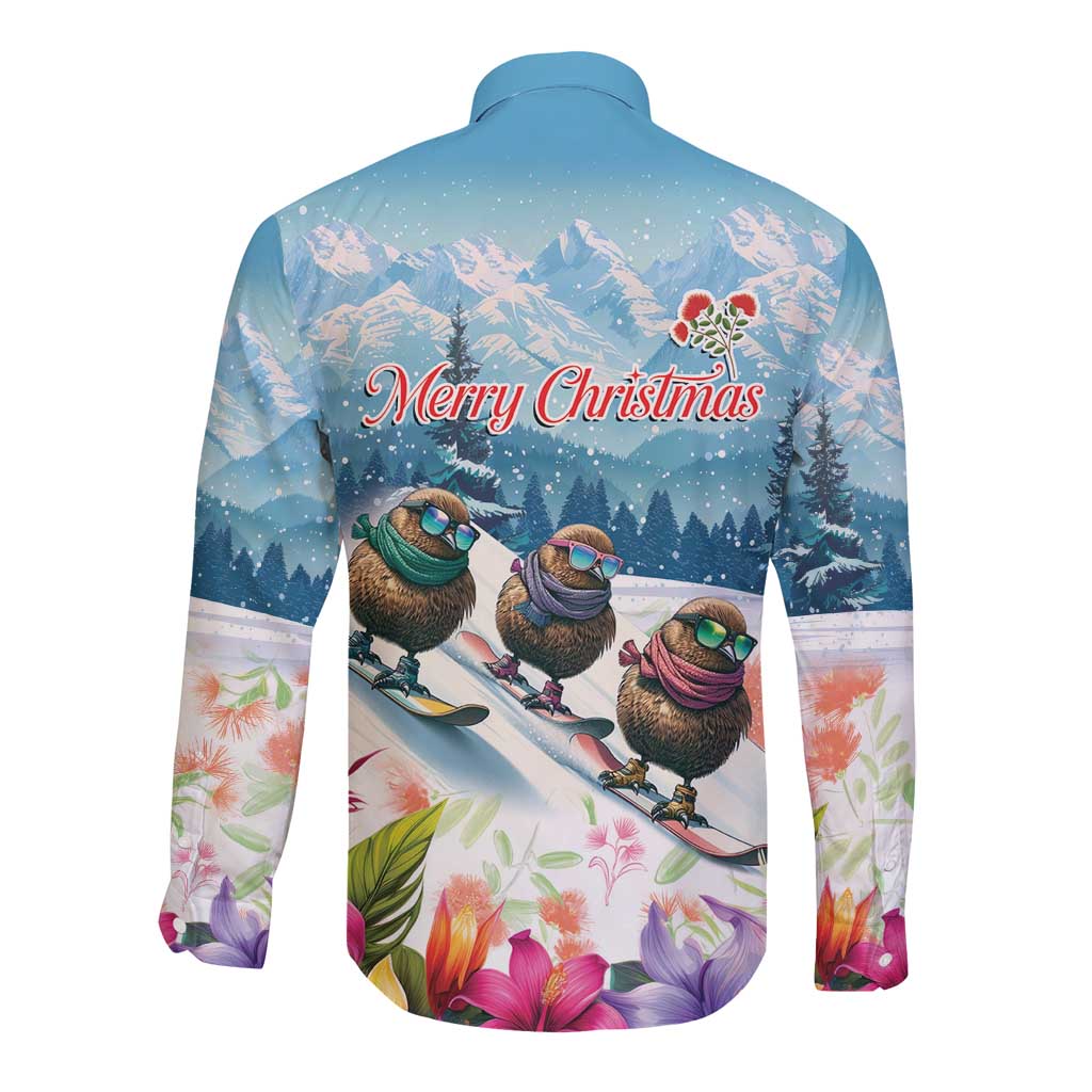 New Zealand Merry Christmas Long Sleeve Button Shirt Kiwi Birds Snow Boarding-Vibrant Tropical Flower - Polynesian Pride