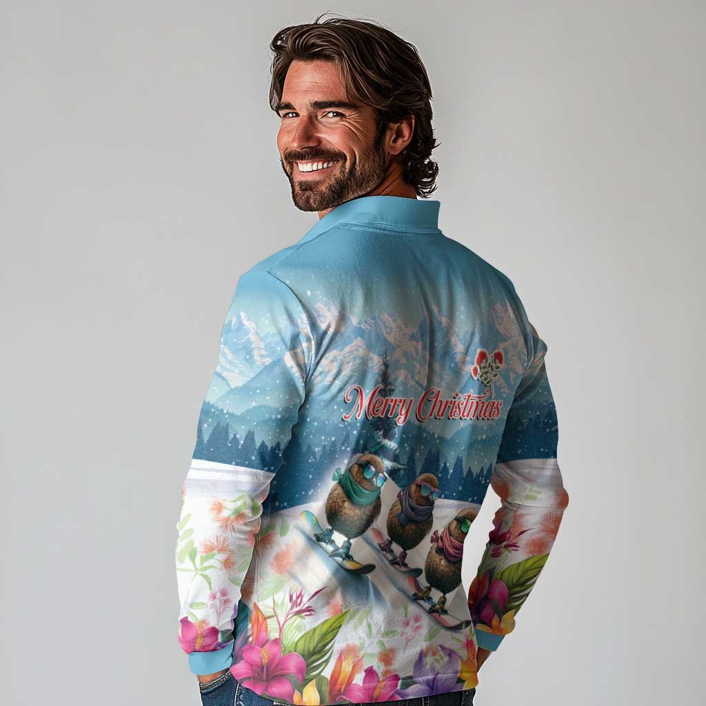 New Zealand Merry Christmas Long Sleeve Polo Shirt Kiwi Birds Snow Boarding-Vibrant Tropical Flower - Polynesian Pride