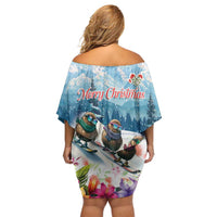New Zealand Merry Christmas Off Shoulder Short Dress Kiwi Birds Snow Boarding-Vibrant Tropical Flower - Polynesian Pride