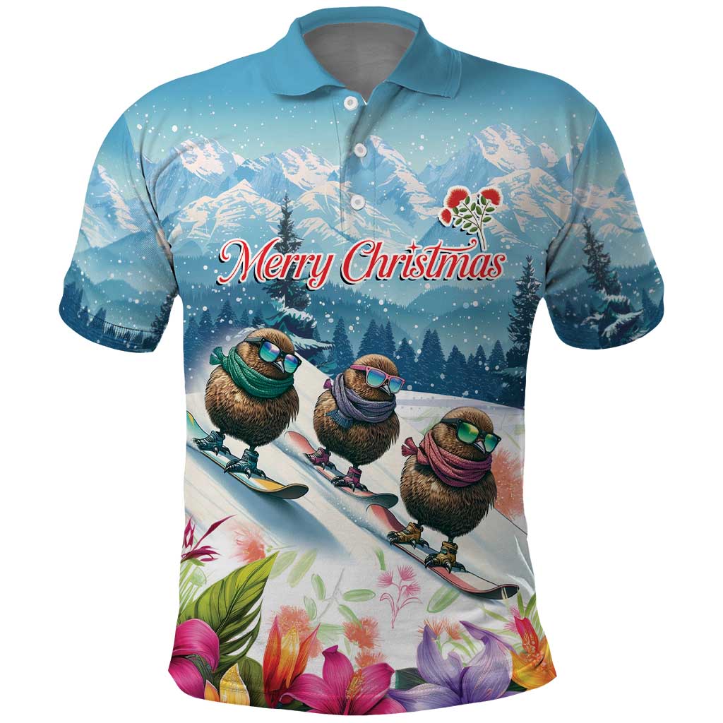 New Zealand Merry Christmas Polo Shirt Kiwi Birds Snow Boarding-Vibrant Tropical Flower - Polynesian Pride