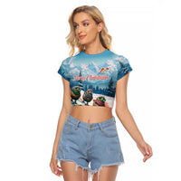 New Zealand Merry Christmas Raglan Cropped T Shirt Kiwi Birds Snow Boarding-Vibrant Tropical Flower - Polynesian Pride