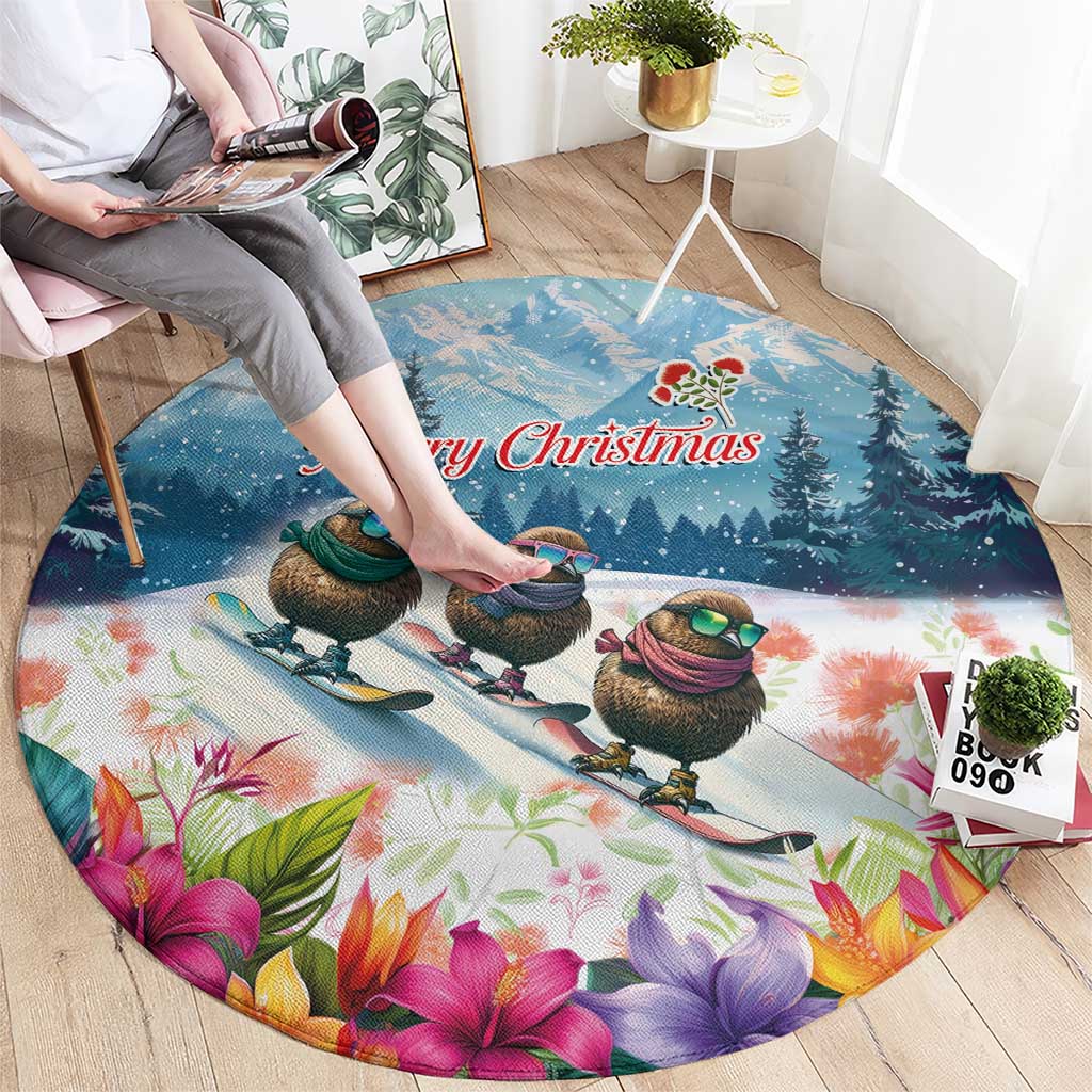 New Zealand Merry Christmas Round Carpet Kiwi Birds Snow Boarding-Vibrant Tropical Flower - Polynesian Pride