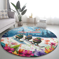 New Zealand Merry Christmas Round Carpet Kiwi Birds Snow Boarding-Vibrant Tropical Flower - Polynesian Pride