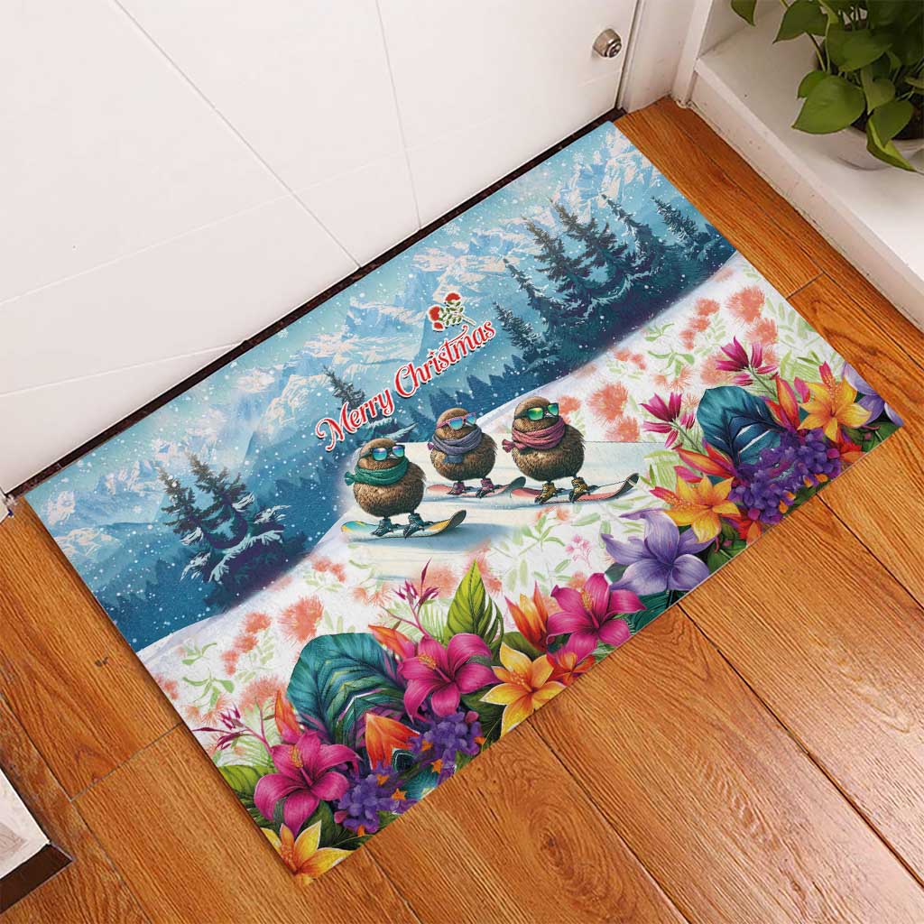 New Zealand Merry Christmas Rubber Doormat Kiwi Birds Snow Boarding-Vibrant Tropical Flower - Polynesian Pride