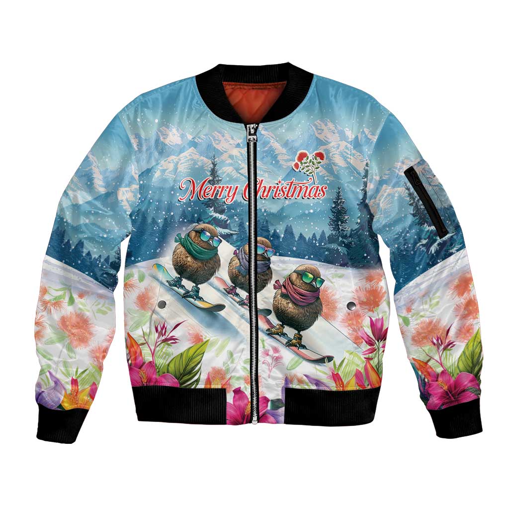 New Zealand Merry Christmas Sleeve Zip Bomber Jacket Kiwi Birds Snow Boarding-Vibrant Tropical Flower - Polynesian Pride