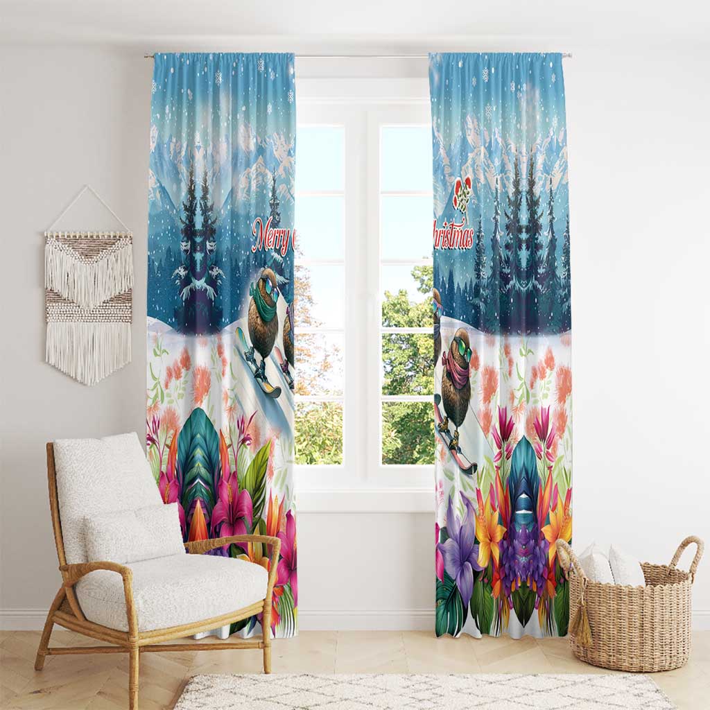 New Zealand Merry Christmas Window Curtain Kiwi Birds Snow Boarding-Vibrant Tropical Flower - Polynesian Pride