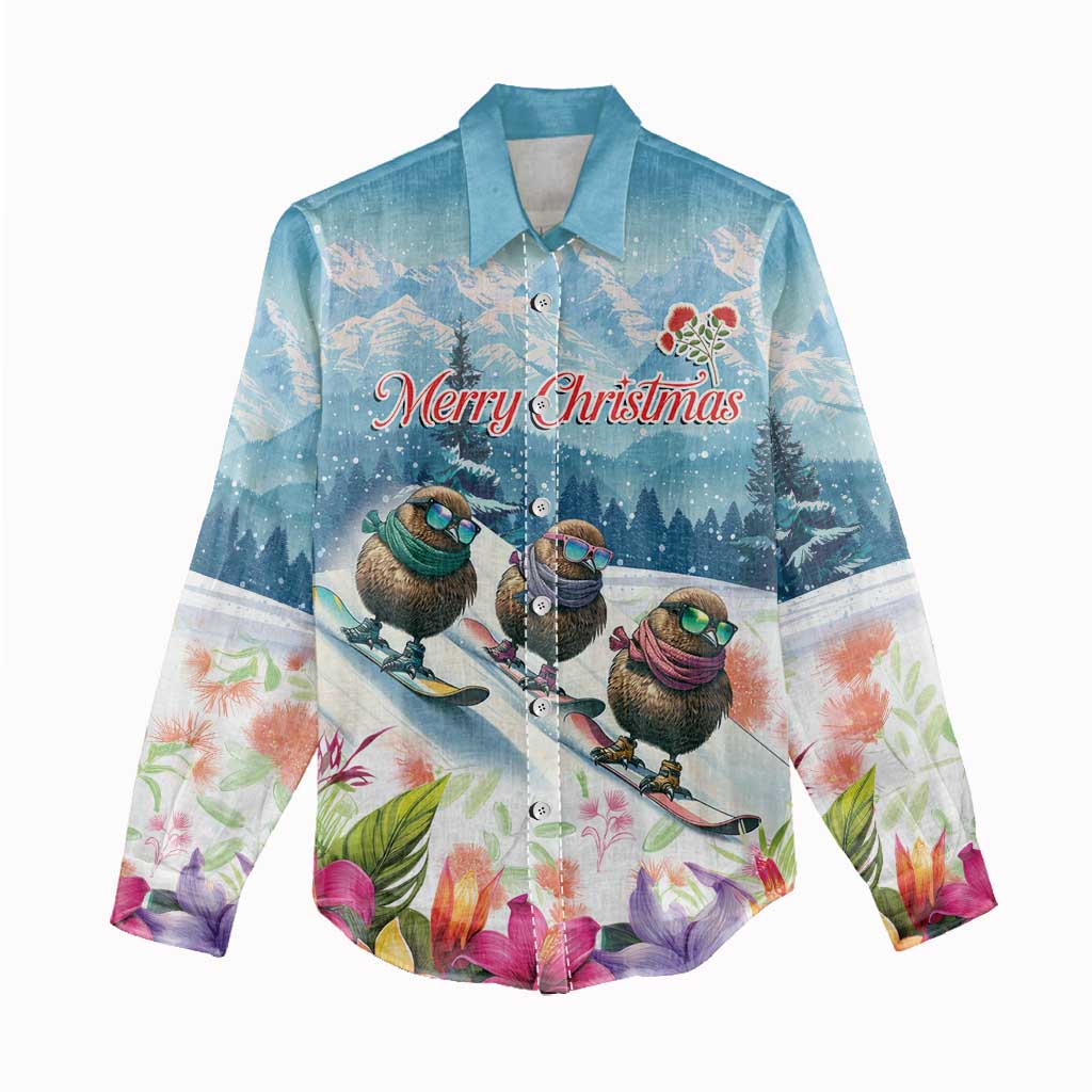 New Zealand Merry Christmas Women Casual Shirt Kiwi Birds Snow Boarding-Vibrant Tropical Flower - Polynesian Pride