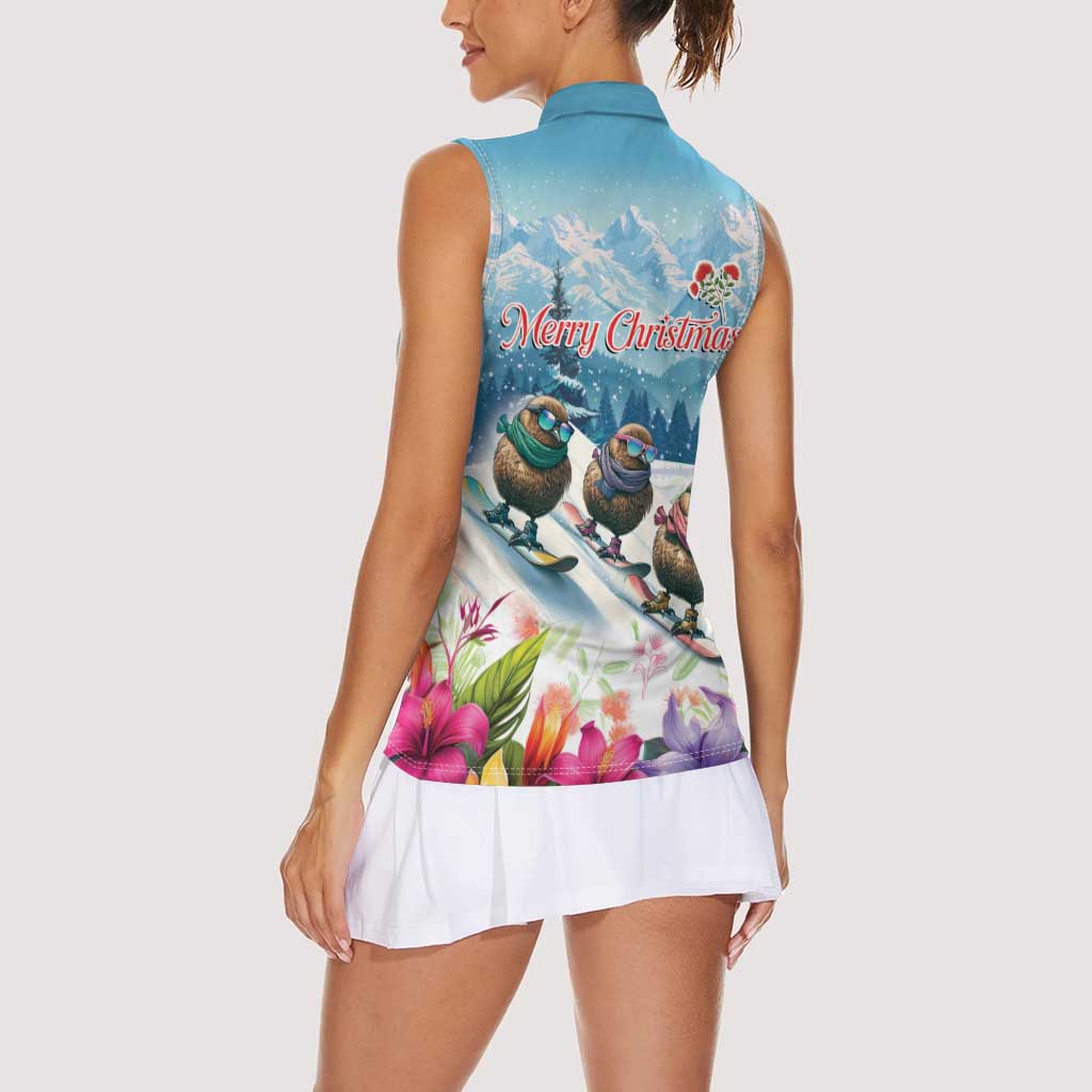 New Zealand Merry Christmas Women Sleeveless Polo Shirt Kiwi Birds Snow Boarding-Vibrant Tropical Flower - Polynesian Pride